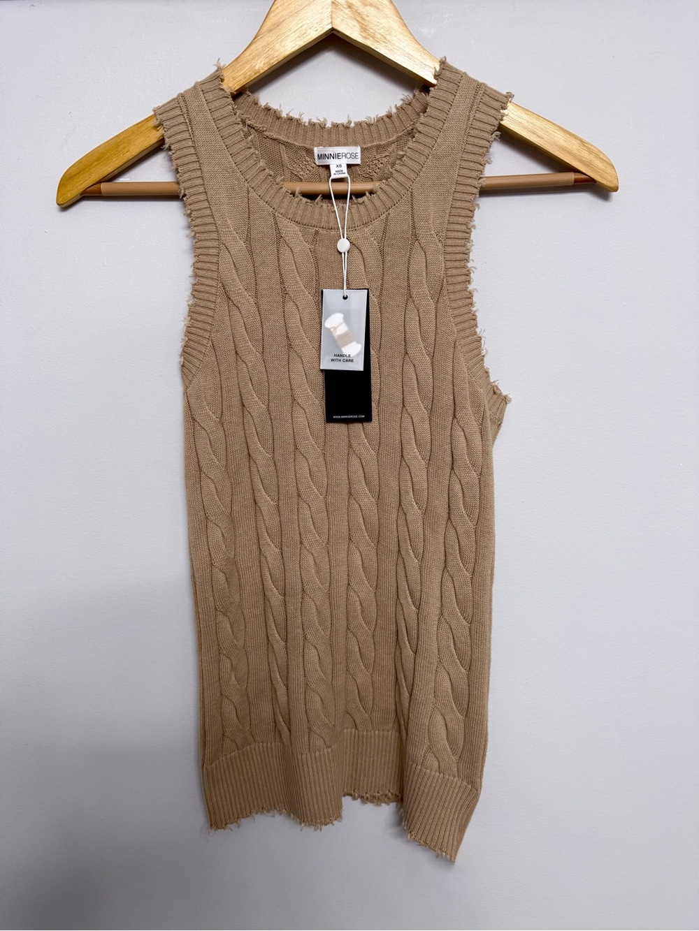 Minnie Rose Stone Washed Distressed Cable Knit Sleeveless Sweater NWT